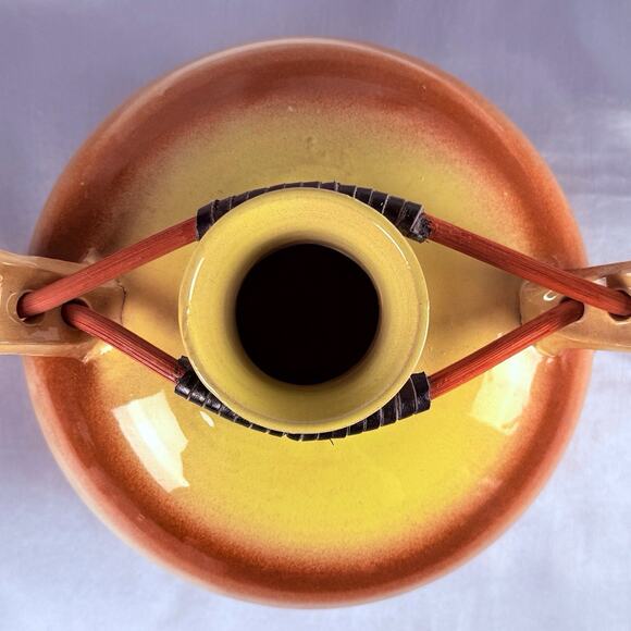 Large Art Pottery Vase Southwest Style MCM Yellow Orange Wood Handles 11” Signed - Picture 4 of 13